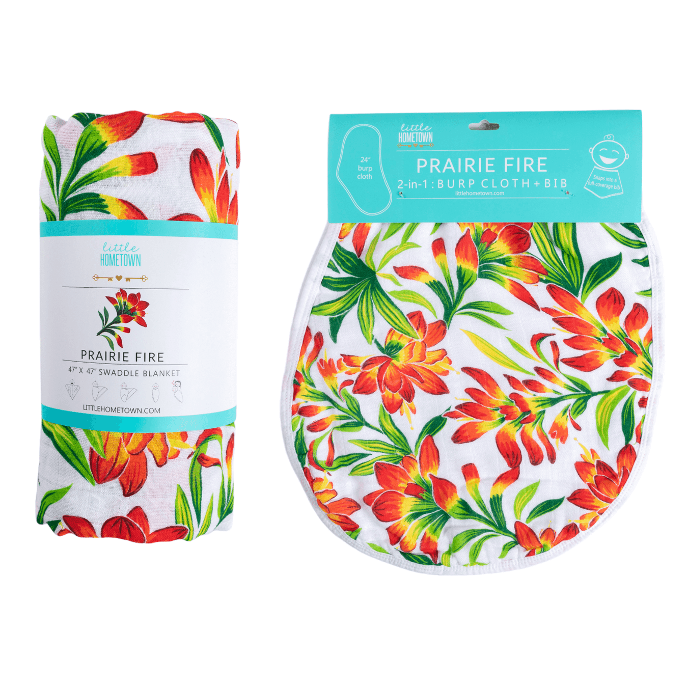 Prairie Fire Baby Gift Set: Muslin Swaddle & Bib | Organic Cotton