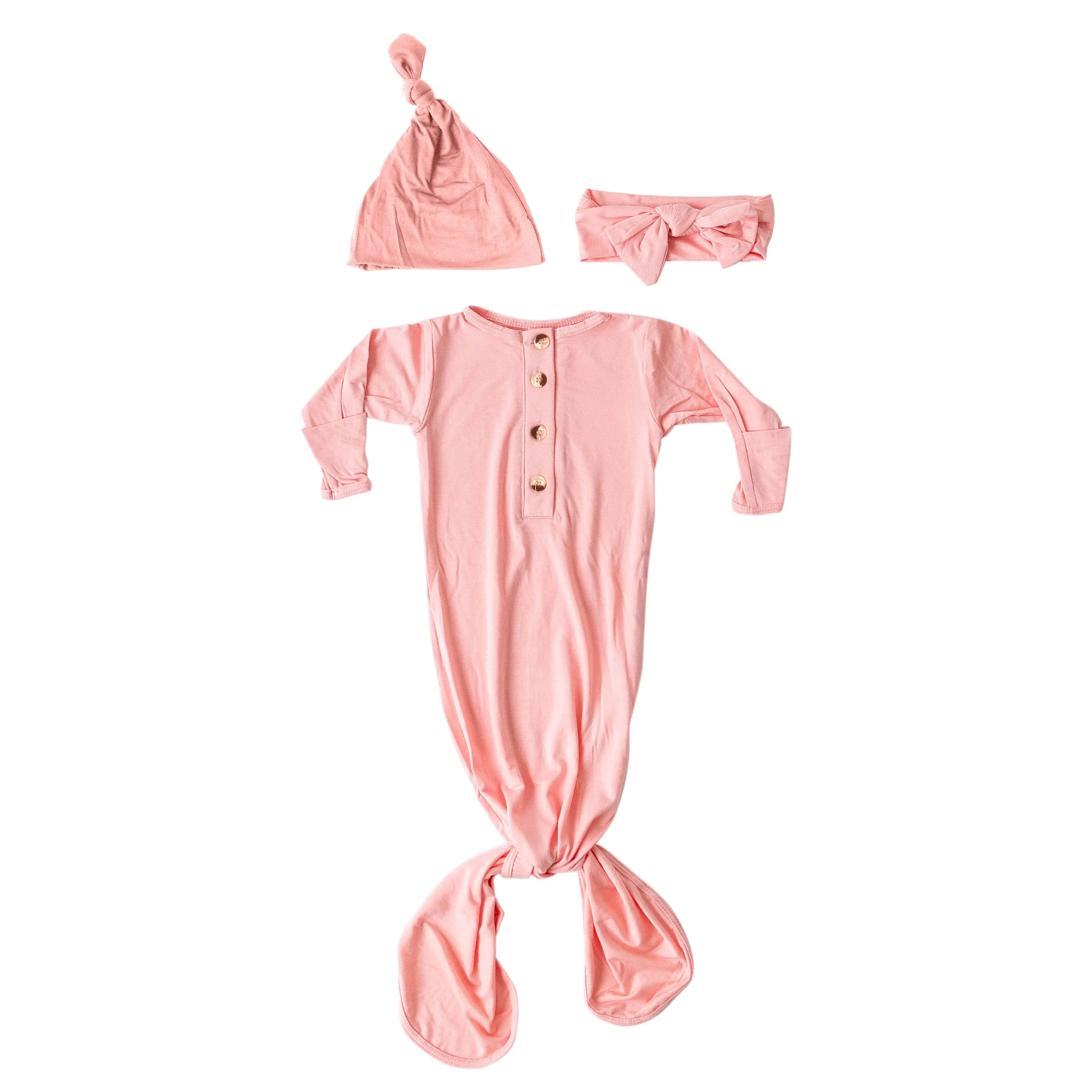 Newborn Knotted Baby Gown and Hat Set with Headband - Pink