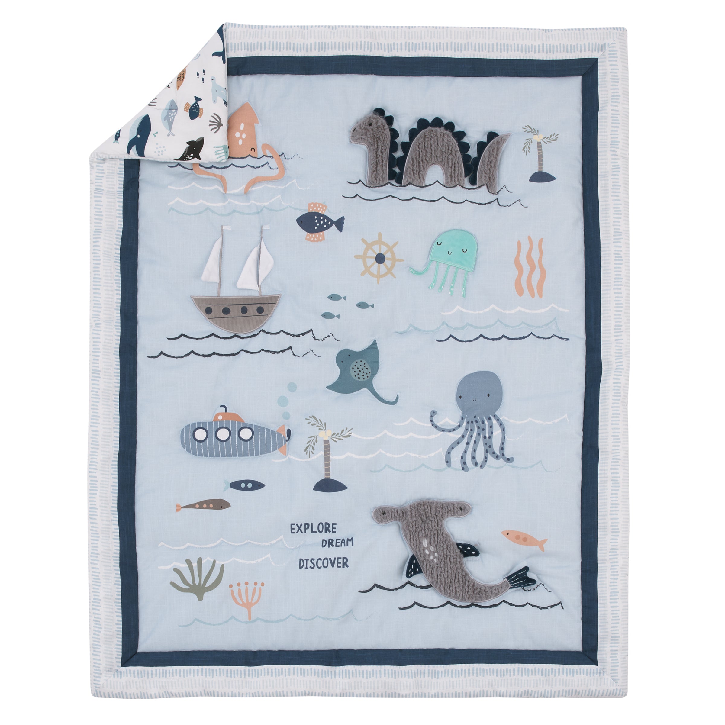 Explore Dream Discover Light Blue, Navy, Gray and Coral Ocean 4 Piece Nursery Crib Bedding Set - Comforter, 100% Cotton Fitted Crib Sheet, Crib Skirt and Nursery Organizer