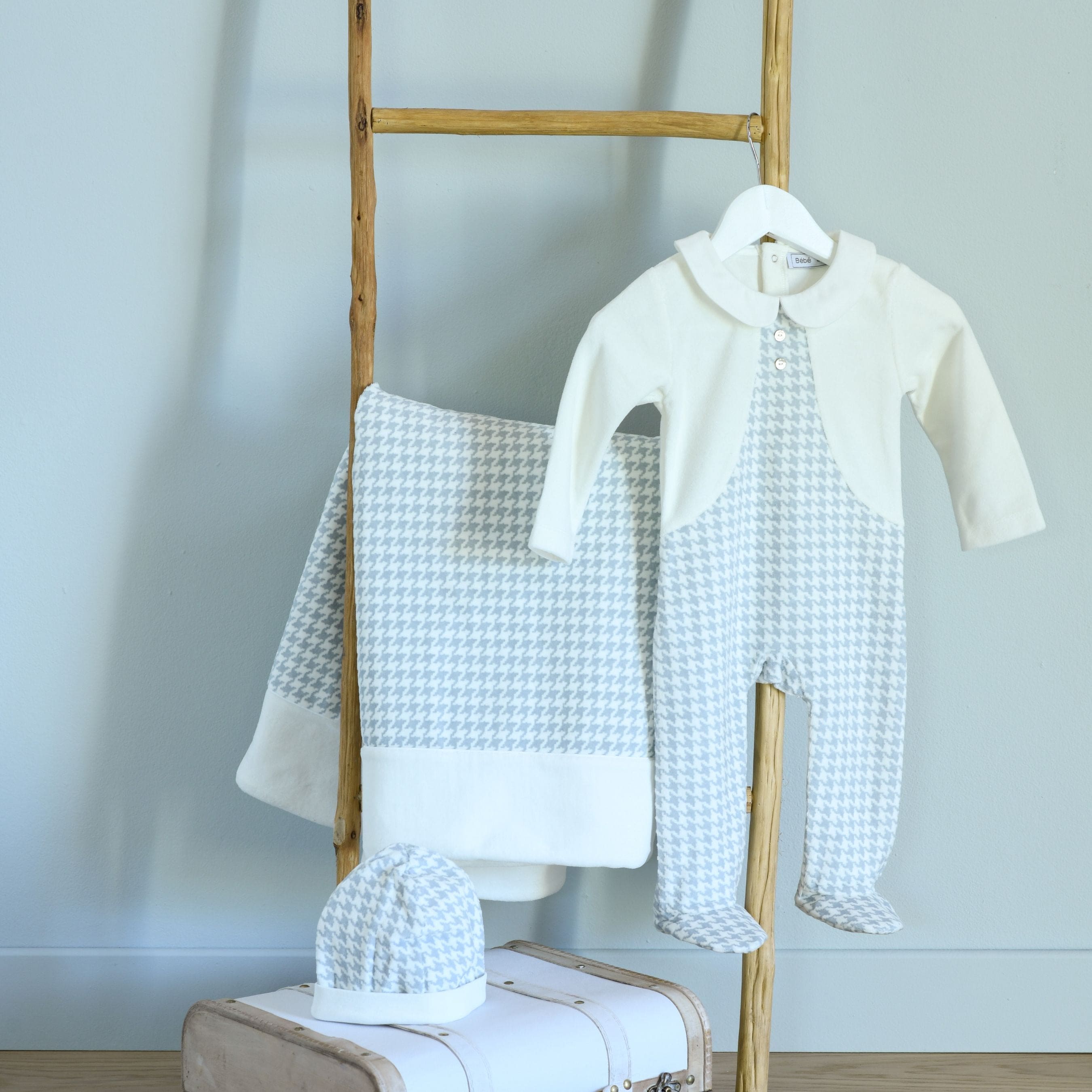ELEONOR | Ivory & Blue Houndstooth Velour All-in-One