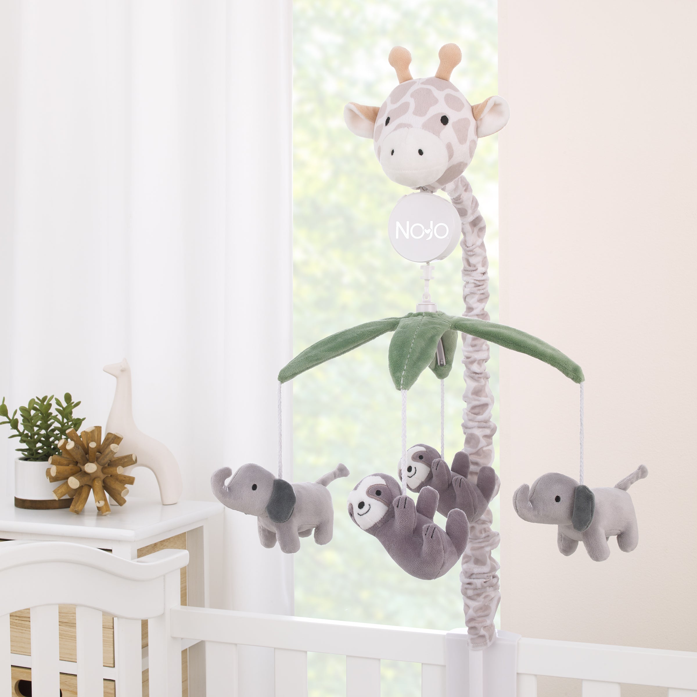 Plush Giraffe Taupe, Green, and Gray Elephants and Sloth's Musical Mobile