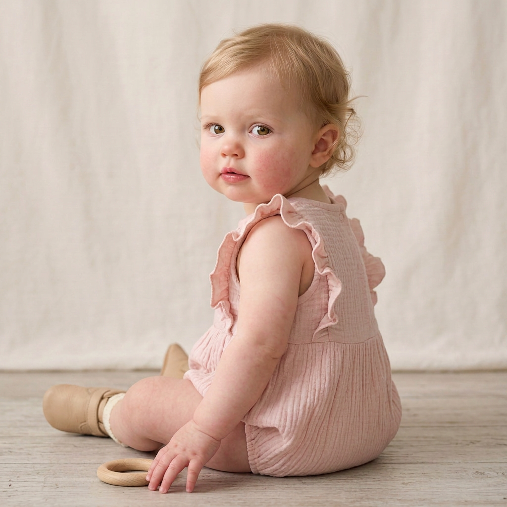 Organic Embroidered Ruffle Romper - Blush