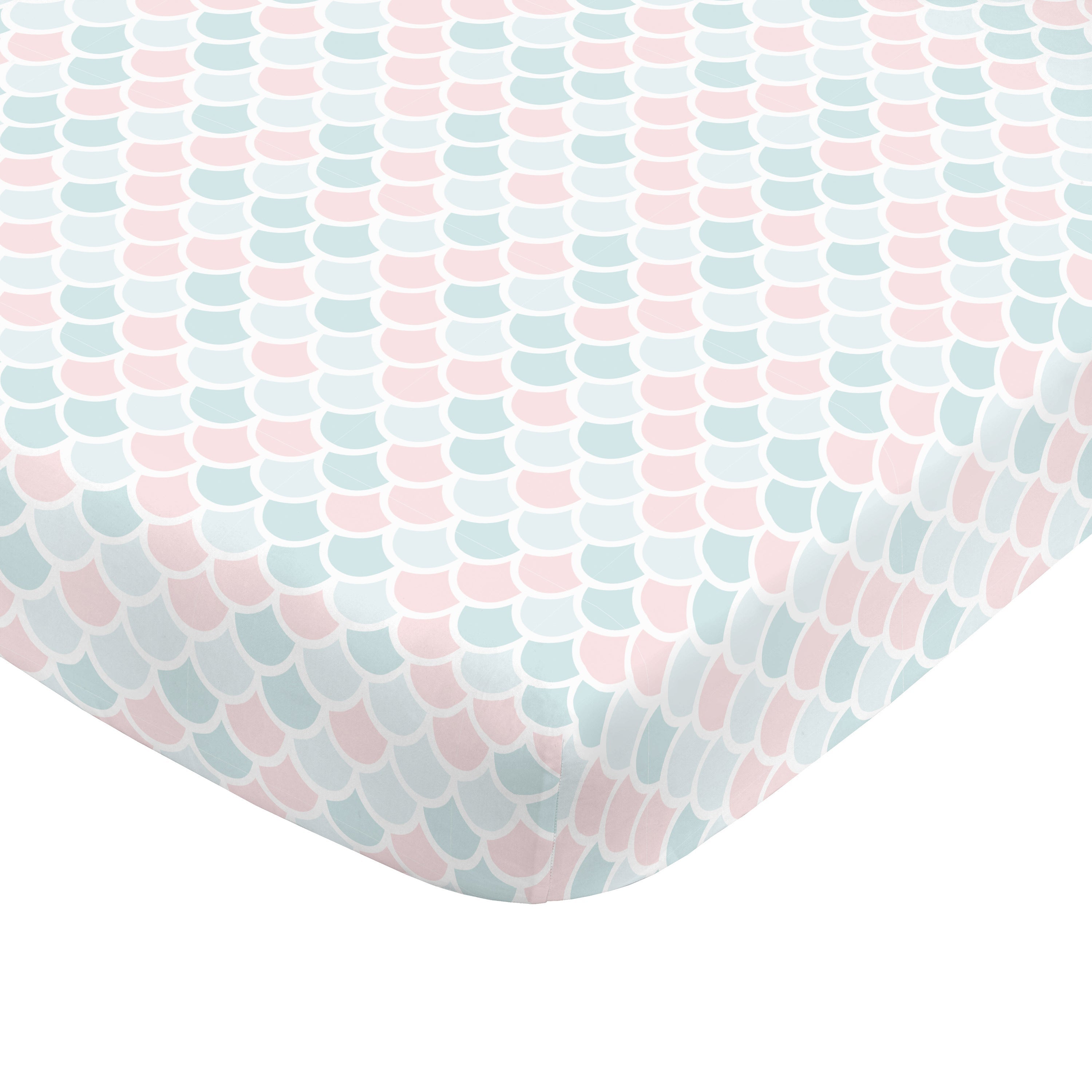 Sugar Reef Mermaid 4 Piece Nursery Crib Bedding Set - Appliqued Round Play Quilt, 100% Cotton Fitted Crib Sheet, Shirred Crib Skirt with 16" Drop, Nursery Organizer
