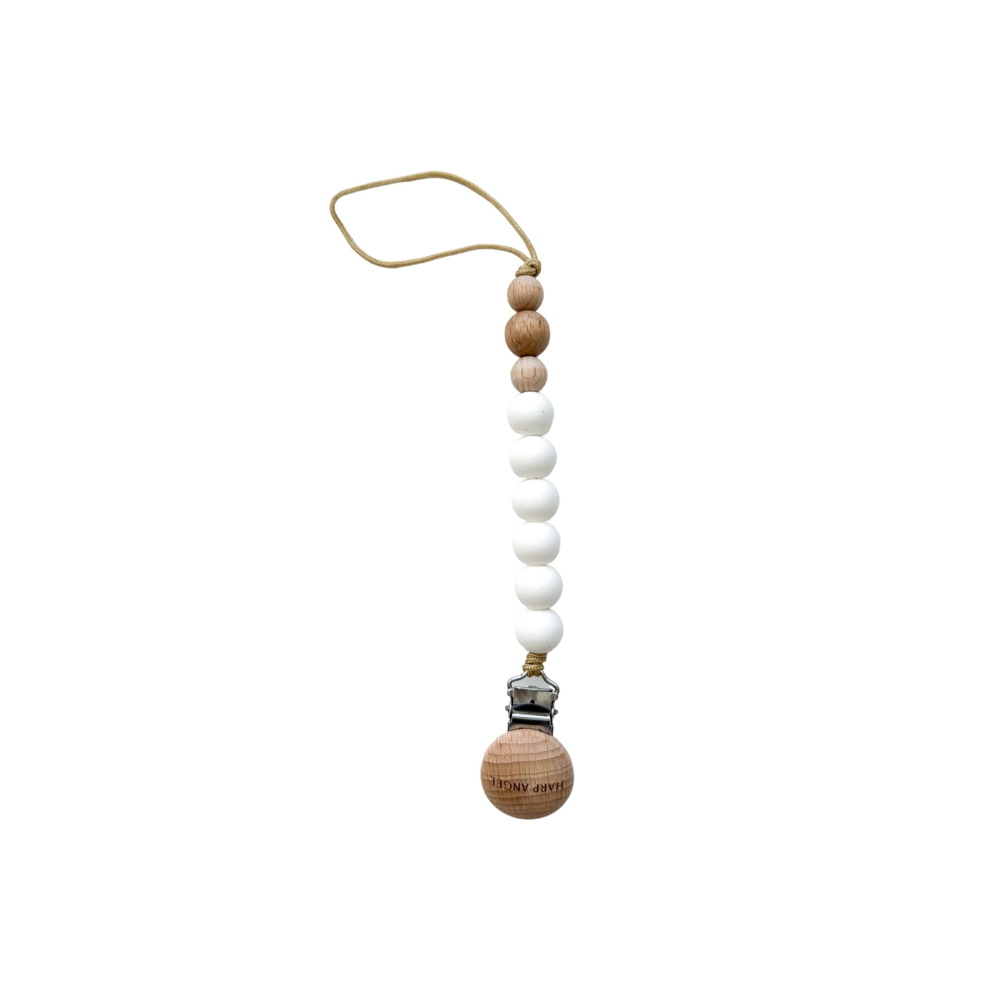 Pacifier Clip Harper – White Silicone & Natural Wood Beads