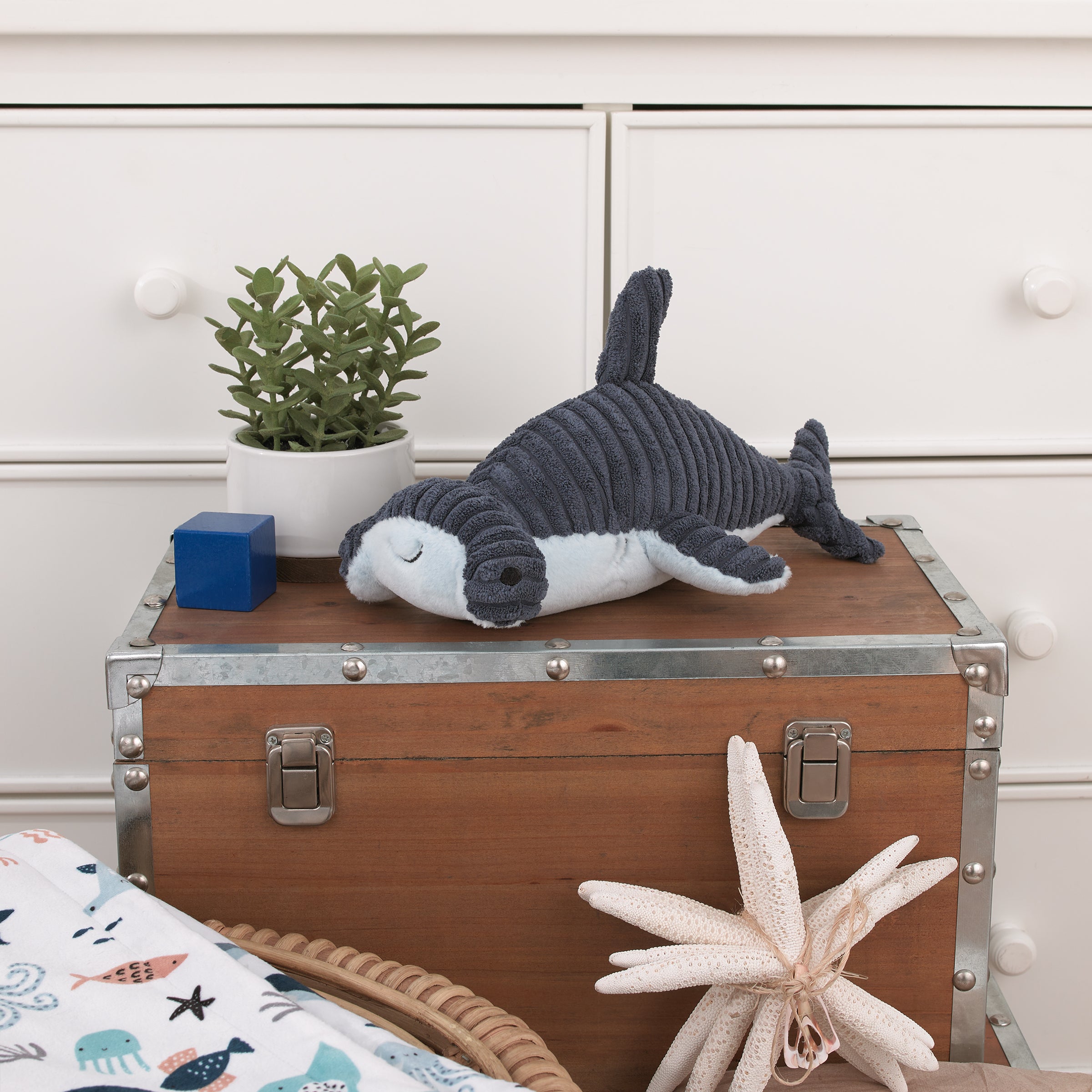 Explore Dream Discover Navy, and Light Blue Hammerhead Shark Shaped Plush Stuffed Animal
