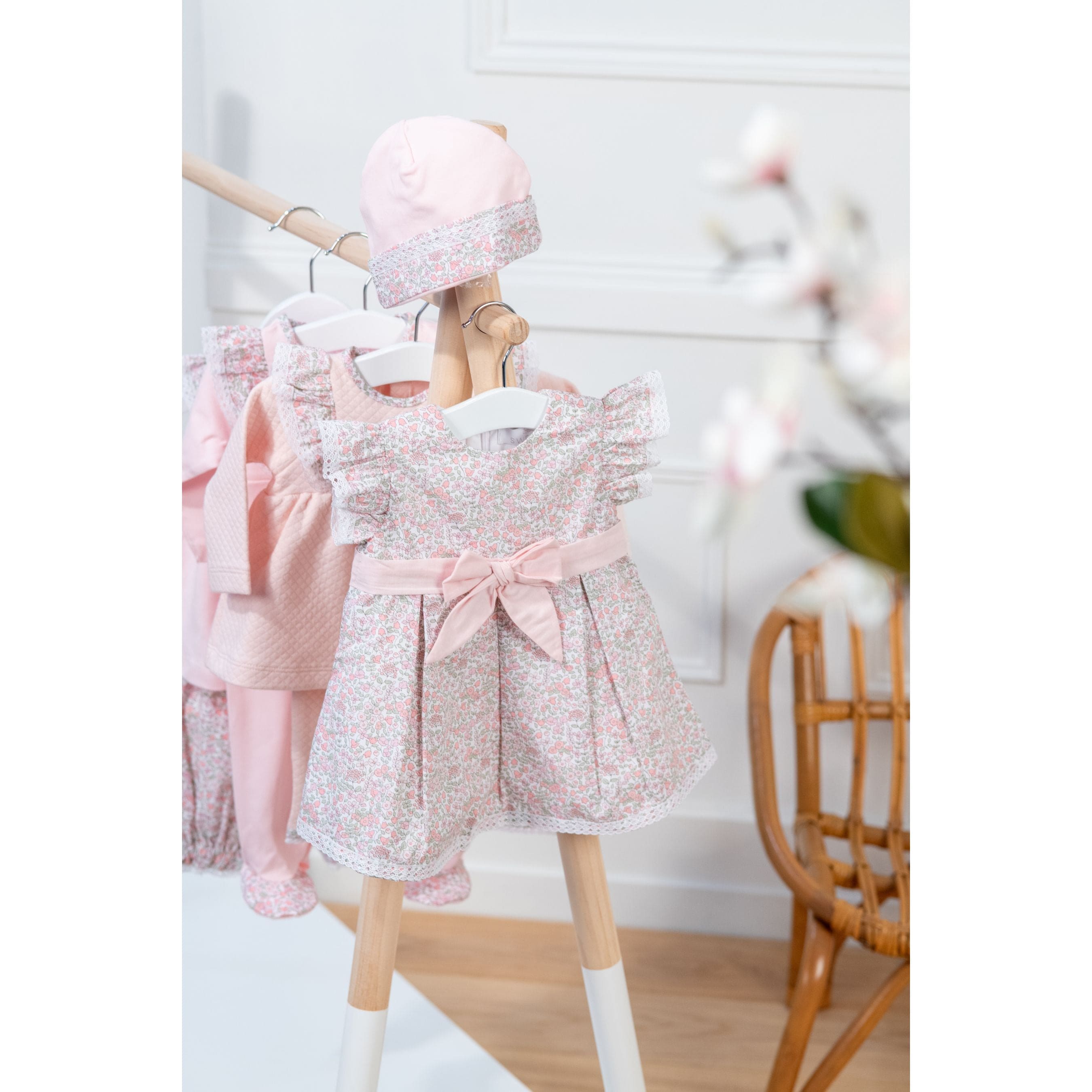 PETITE FLEUR | Girls Pink Cotton Floral Print Dress Set