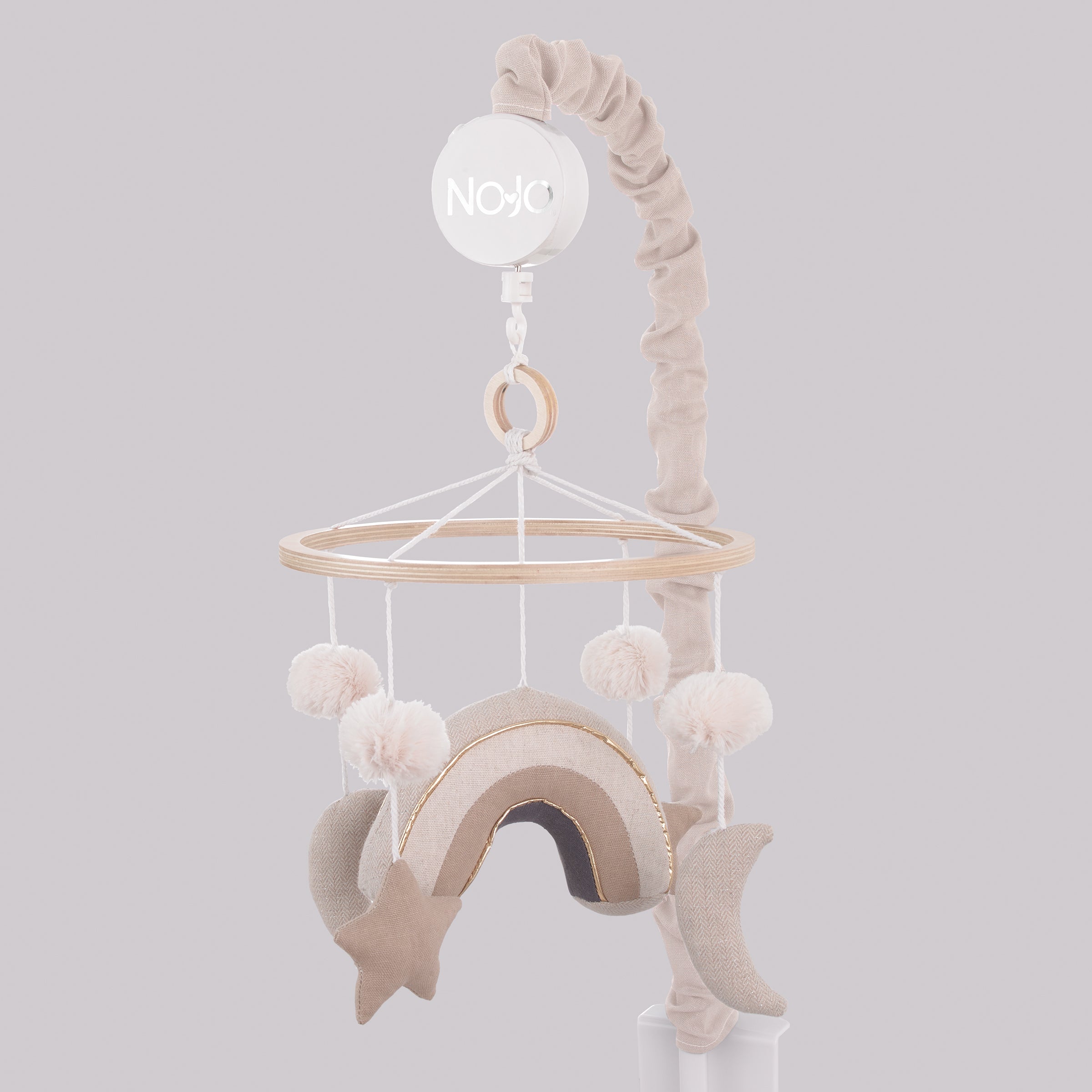 Rainbow Moon and Stars Pom Pom Ivory, Taupe, and Natural Wood Tones Plush Nursery Musical Mobile