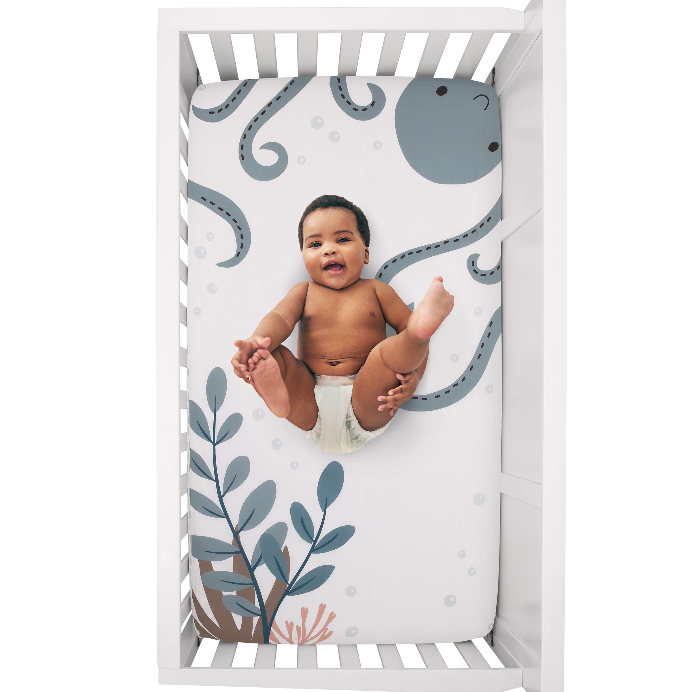 Explore Dream Discover Light Blue, Navy, and White Octopus 100% Cotton Nursery Photo Op Fitted Crib Sheet