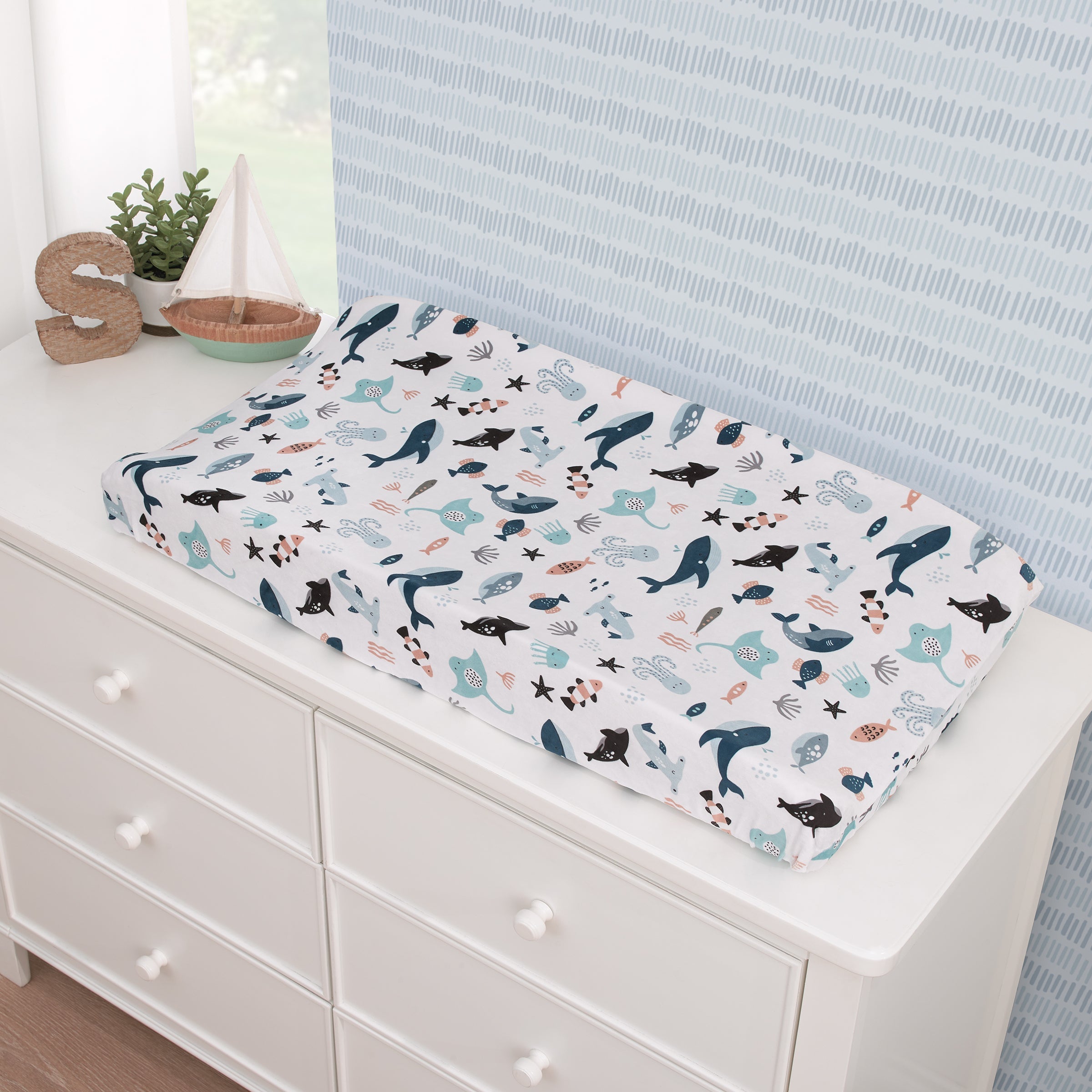Explore Dream Discover Light Blue, Navy, Gray, and Coral Super Soft Contoured Changing Pad Cover