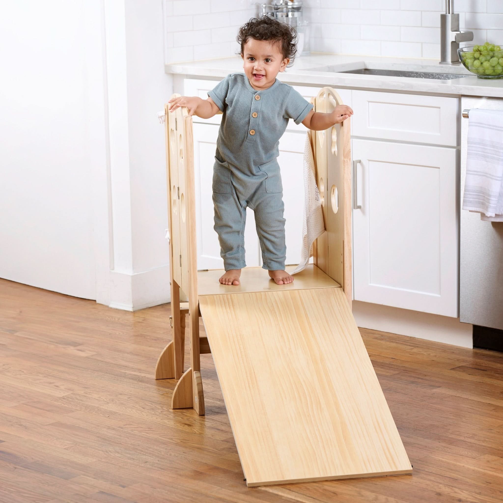 Laurel 4-in-1 Foldable Kitchen Tower, Step Stool, Slide & Chalkboard for Toddlers
