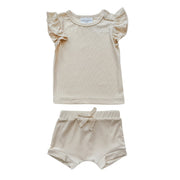 Ruffle Ribbed Short Set - Cream
