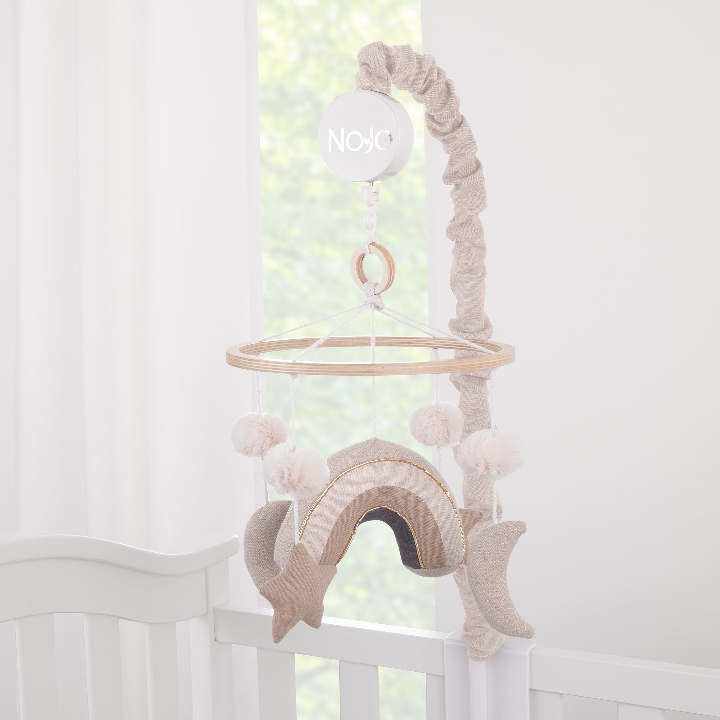 Rainbow Moon and Stars Pom Pom Ivory, Taupe, and Natural Wood Tones Plush Nursery Musical Mobile