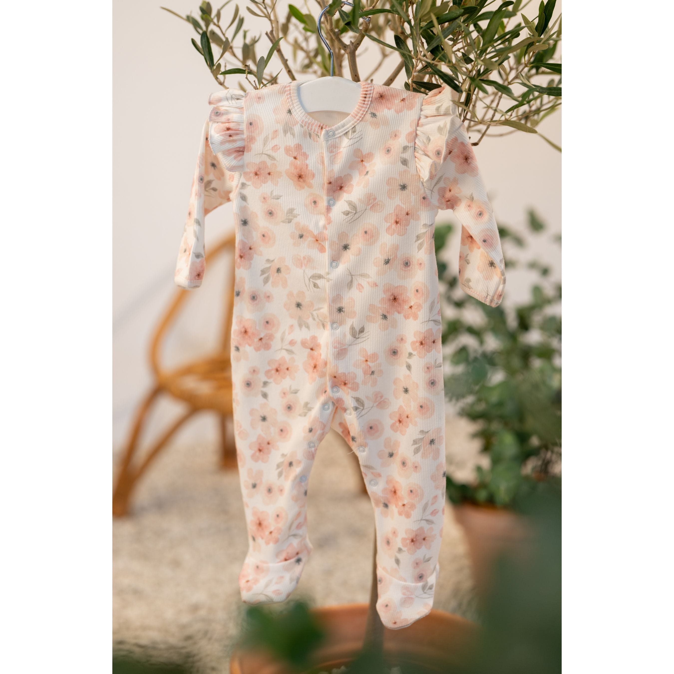 SANA | Girls Ivory Pink Blossom Cotton Jersey All-in-One