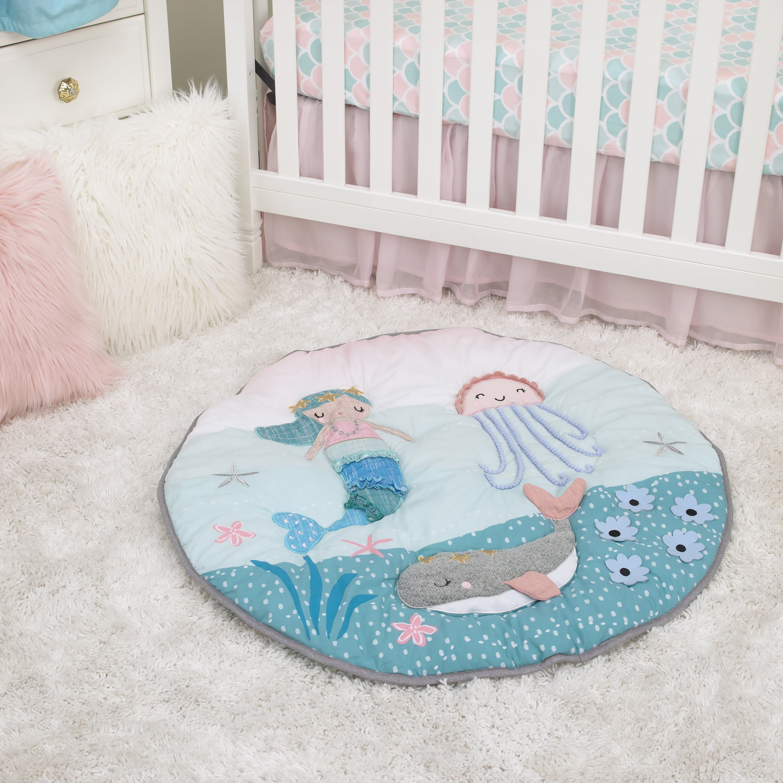 Sugar Reef Mermaid 4 Piece Nursery Crib Bedding Set - Appliqued Round Play Quilt, 100% Cotton Fitted Crib Sheet, Shirred Crib Skirt with 16" Drop, Nursery Organizer