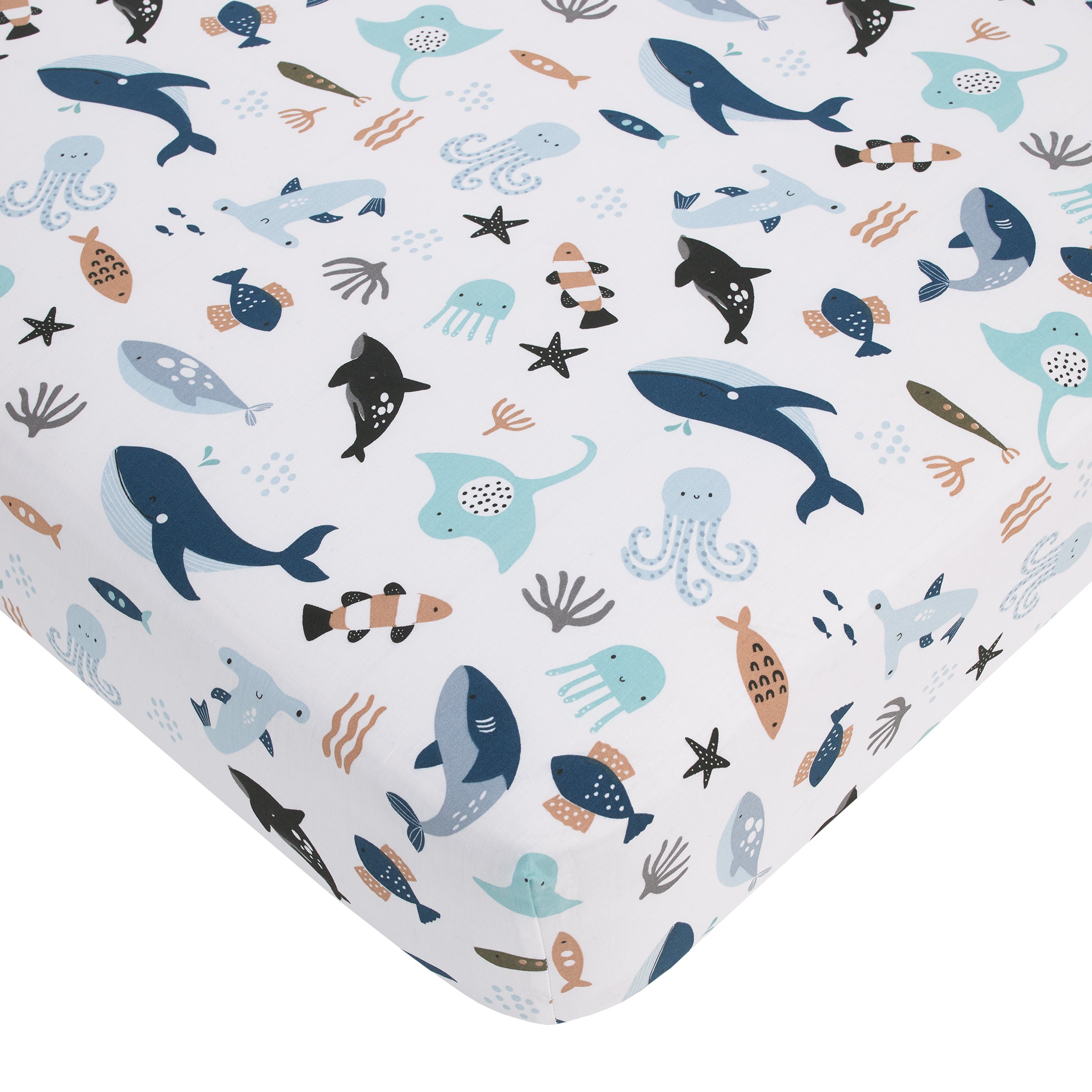 Explore Dream Discover Light Blue, Navy, Gray and Coral Ocean 4 Piece Nursery Crib Bedding Set - Comforter, 100% Cotton Fitted Crib Sheet, Crib Skirt and Nursery Organizer