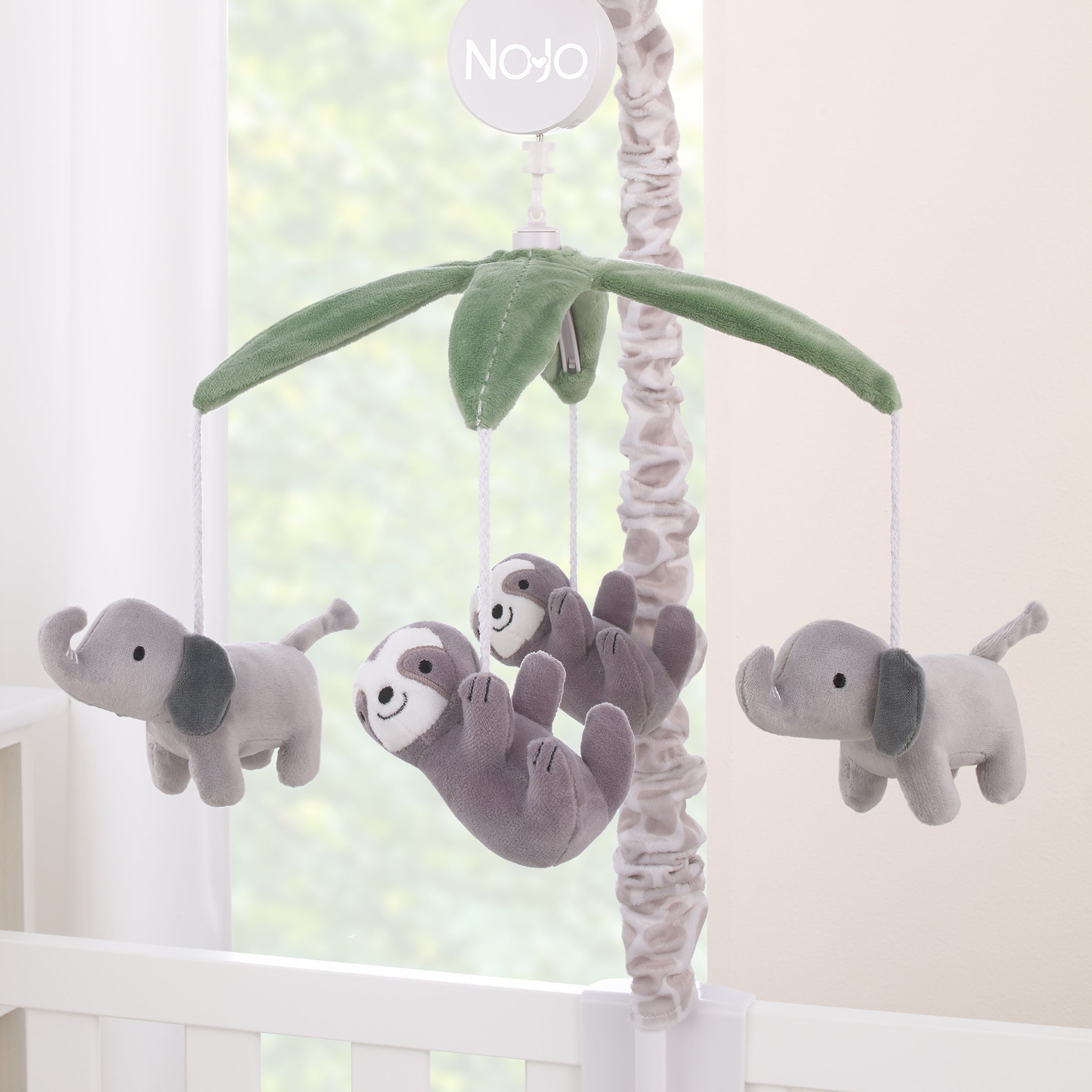 Plush Giraffe Taupe, Green, and Gray Elephants and Sloth's Musical Mobile
