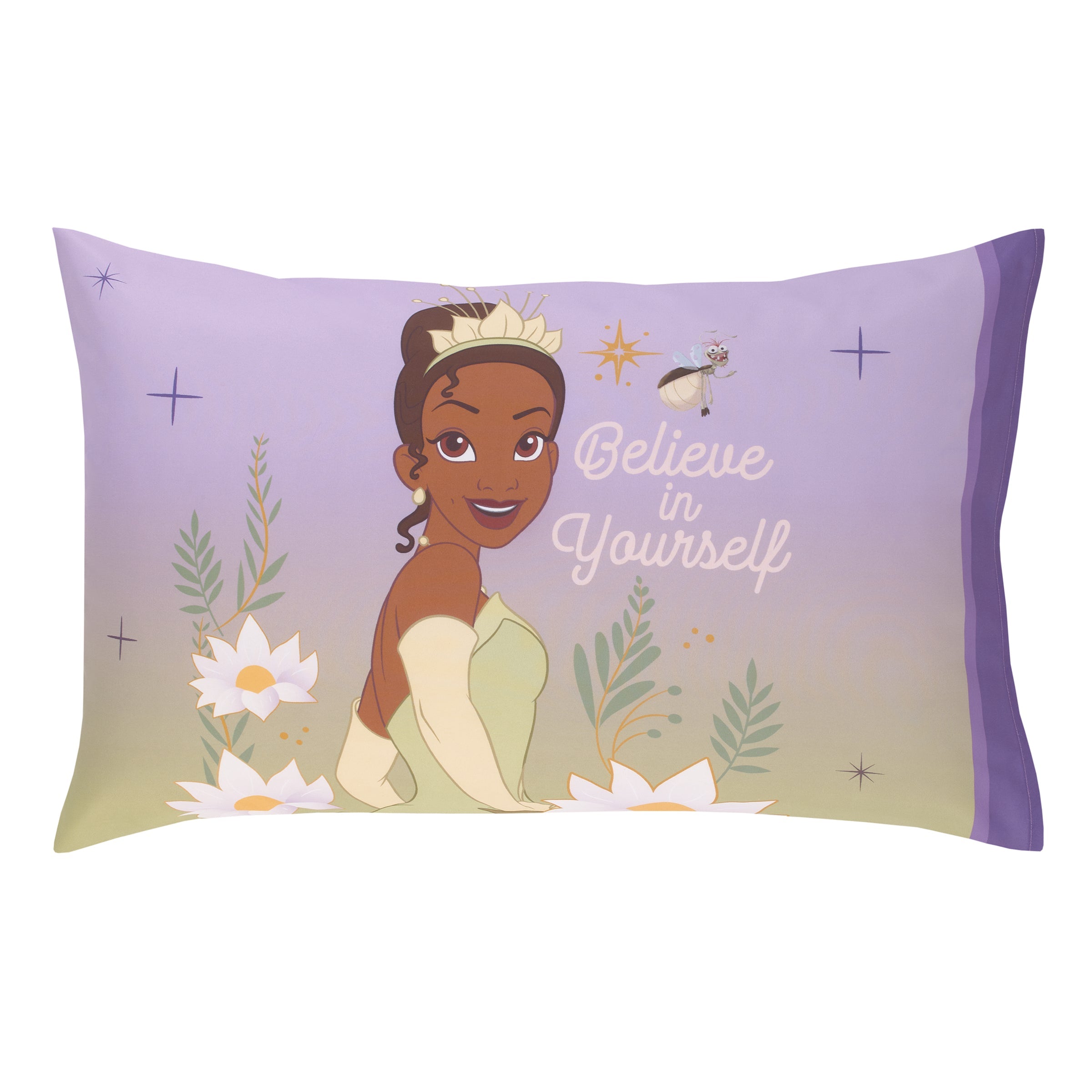 NoJo Disney Princess Tiana Create Your World 4 Piece Toddler Bed Set - Comforter, Fitted Bottom Sheet, Flat Top Sheet, Reversible Pillowcase, Lavender, Green, Yellow