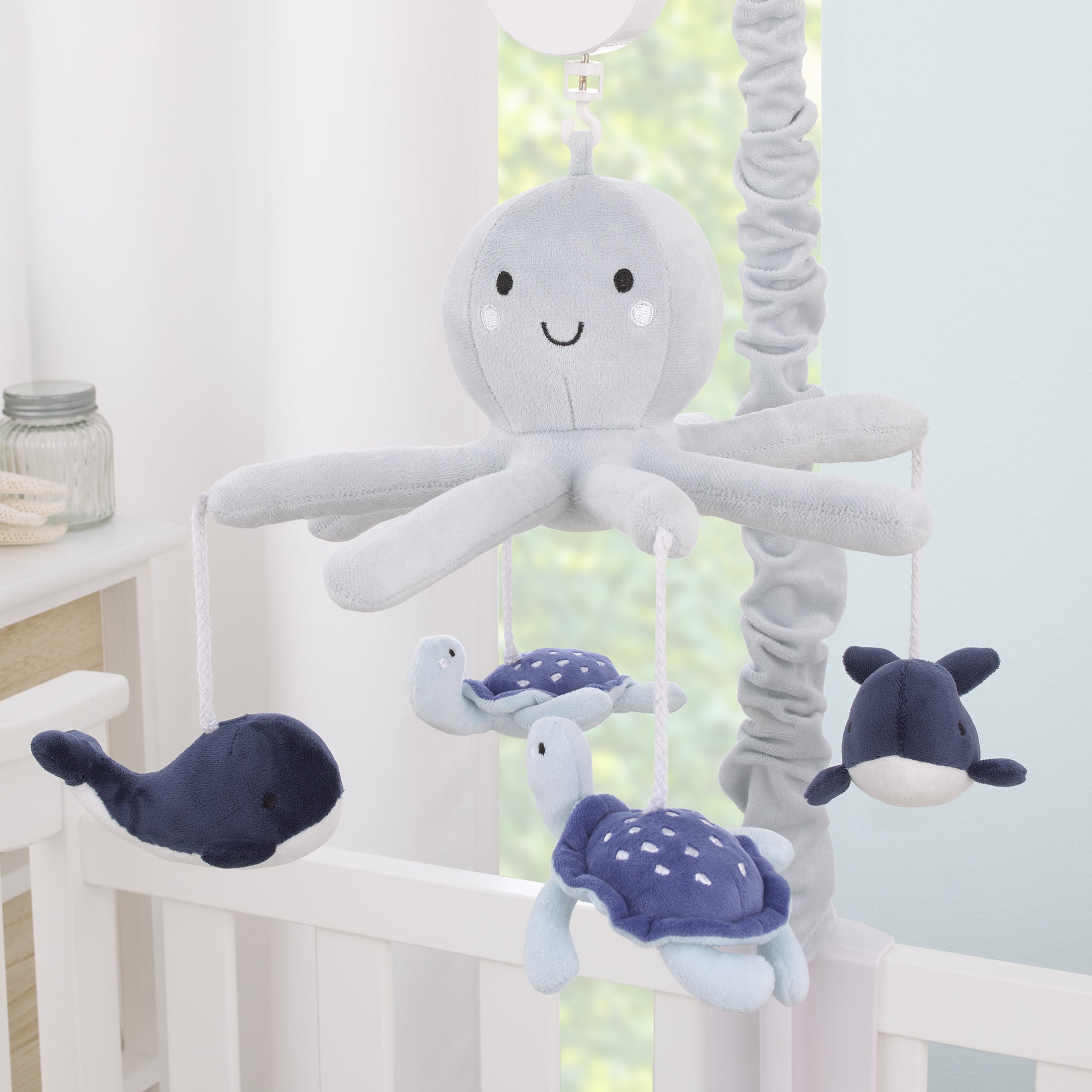 Plush Octopus Gray and Navy Whales and Sea Turtles Musical Mobile