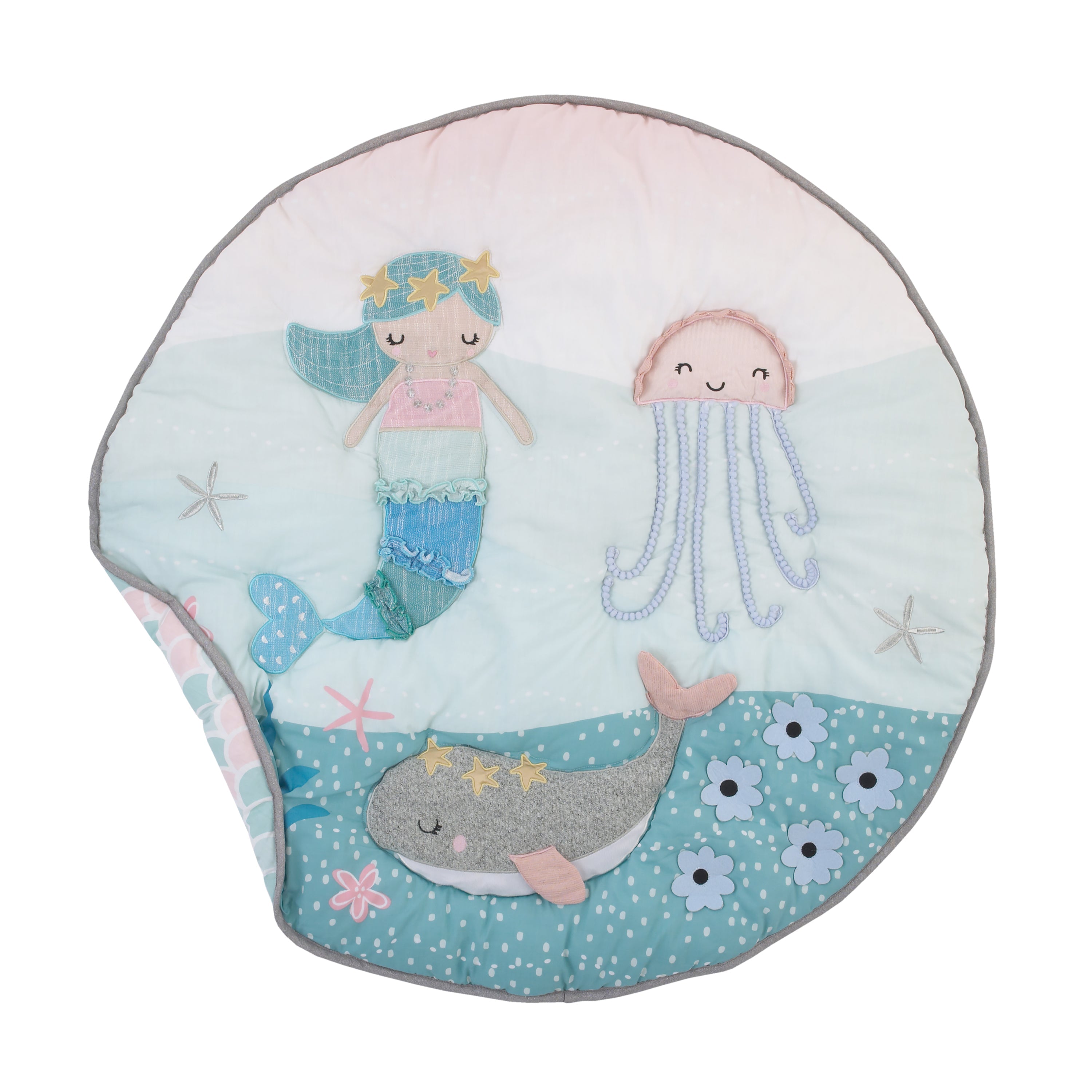 Sugar Reef Mermaid 4 Piece Nursery Crib Bedding Set - Appliqued Round Play Quilt, 100% Cotton Fitted Crib Sheet, Shirred Crib Skirt with 16" Drop, Nursery Organizer