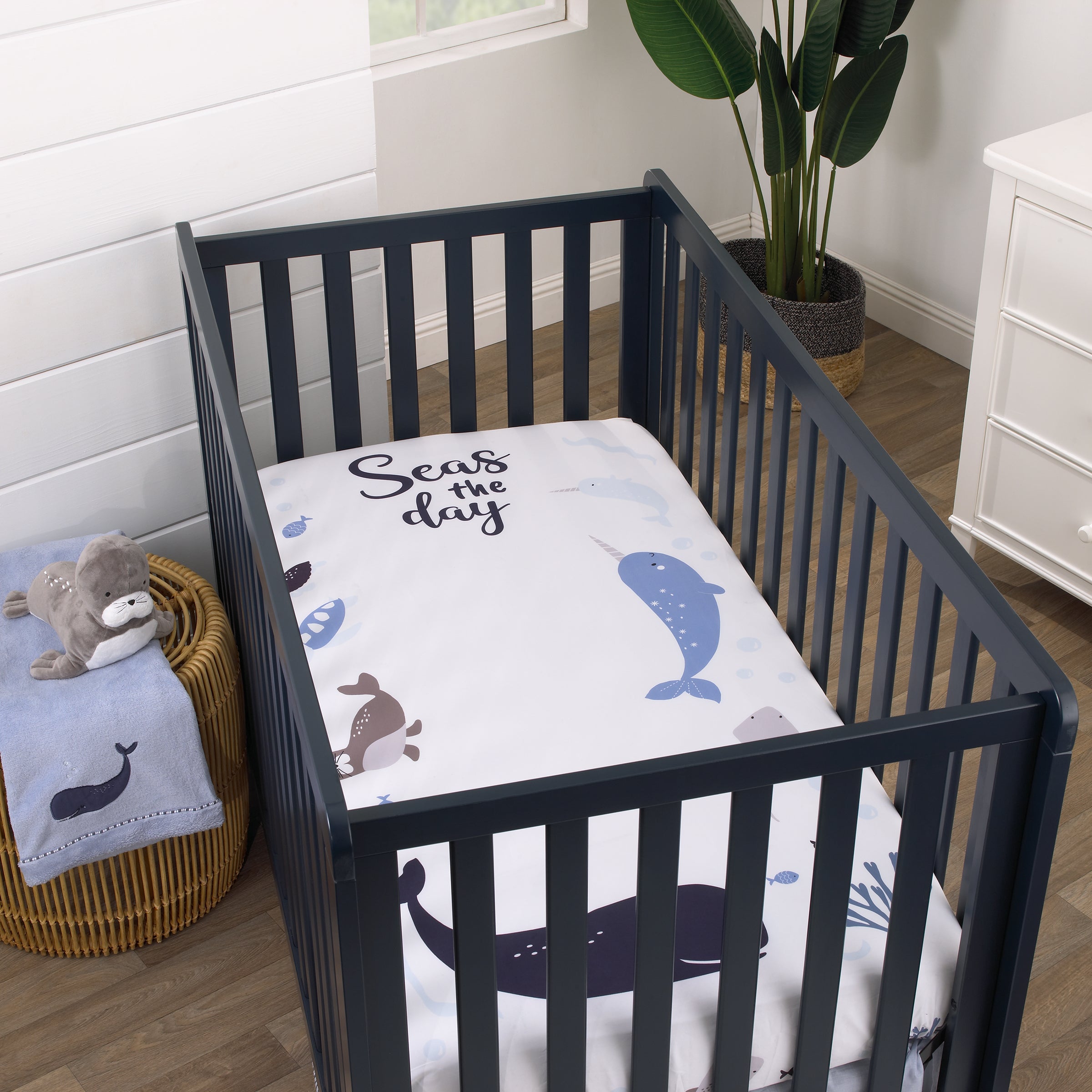 Seas The Day Multi Sea Animals Blue and White 100% Cotton Photo Op Fitted Crib Sheet