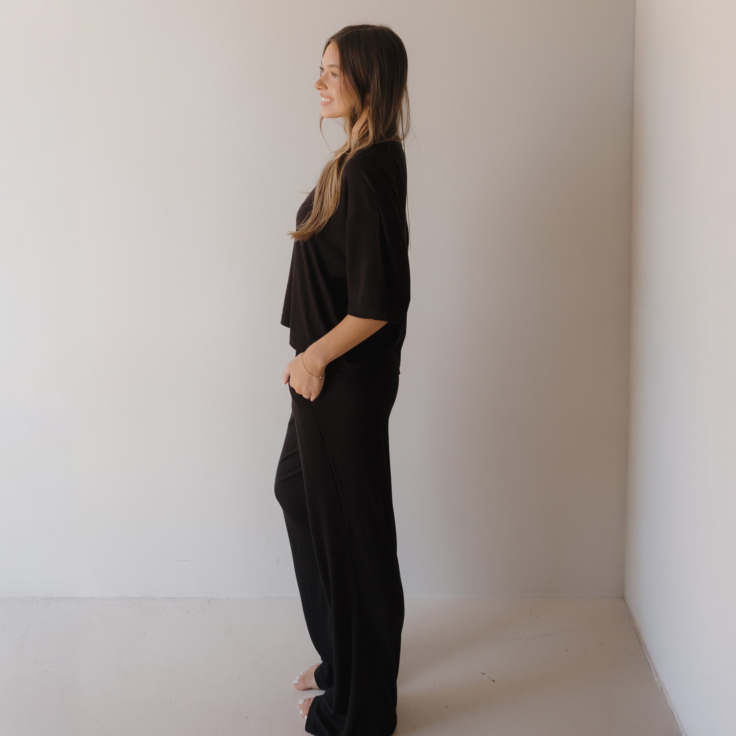 Women's Boxy Tee Lounge Set | Ribbed Black