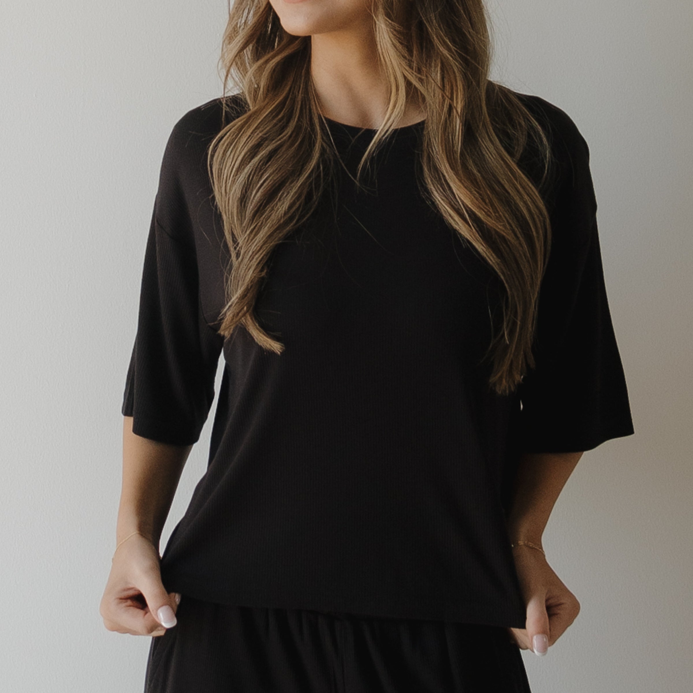 Women's Boxy Tee Lounge Set | Ribbed Black