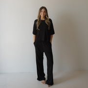 Women's Boxy Tee Lounge Set | Ribbed Black