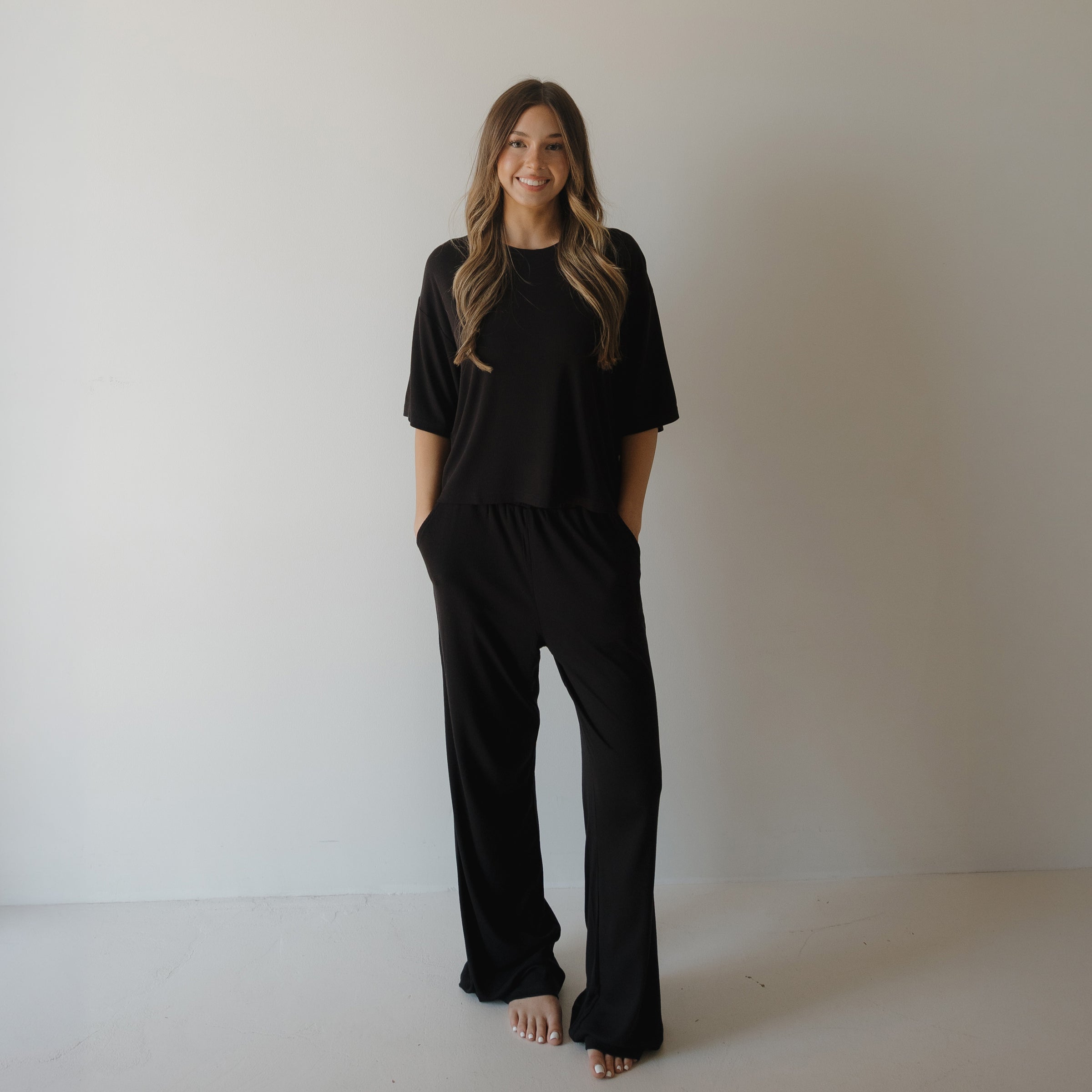 Women's Boxy Tee Lounge Set | Ribbed Black
