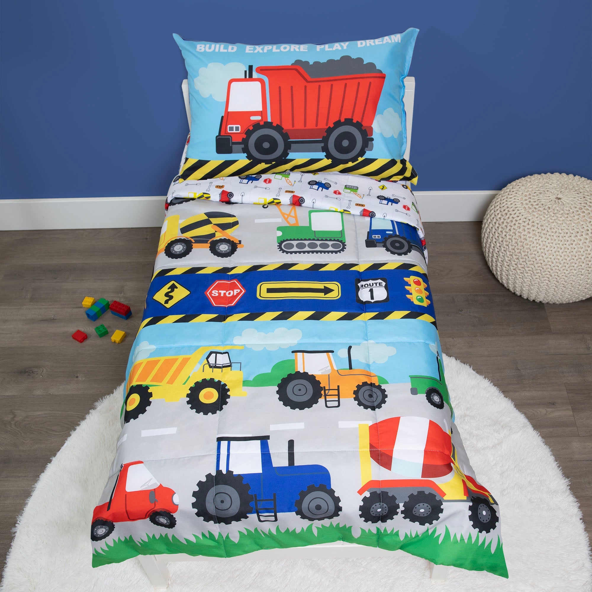 Construction 4 Piece Toddler Bed Set - Includes Comforter, Fitted Bottom Sheet, Flat Top Sheet, and Reversible Pillowcase