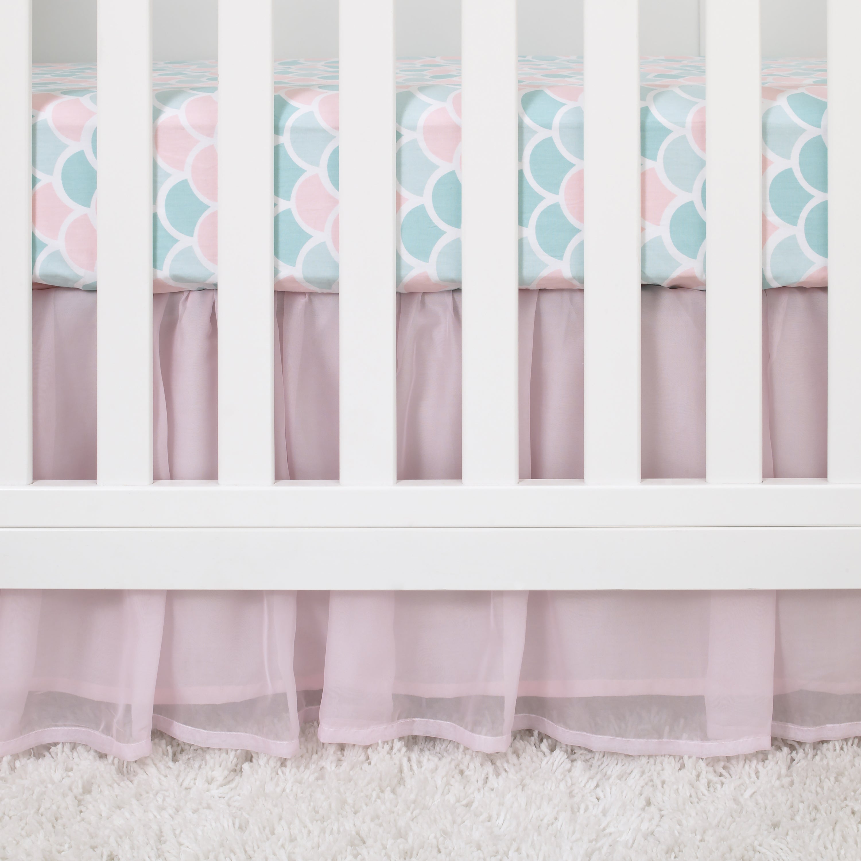Sugar Reef Mermaid 4 Piece Nursery Crib Bedding Set - Appliqued Round Play Quilt, 100% Cotton Fitted Crib Sheet, Shirred Crib Skirt with 16" Drop, Nursery Organizer